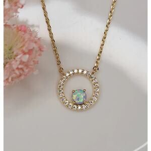 Blue Opal in CZ Halo 14k Gold Plated
